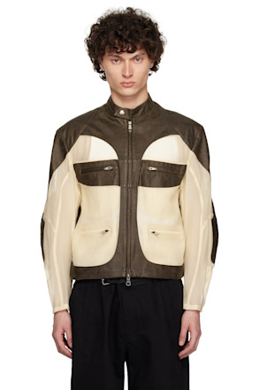 Brown & Off-White Faux-Leather & Sheer Rider Jacket