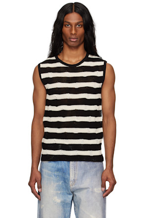 Black & Off-White Net Damaged Sleeveless Tank Top