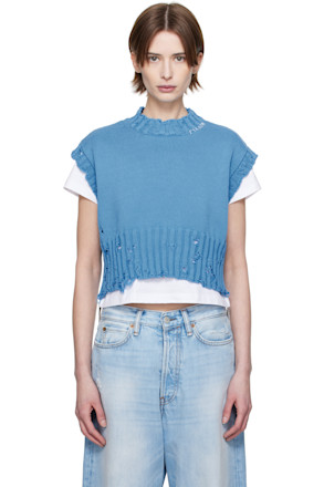 Blue Cotton Sleeveless Crewneck Sweater