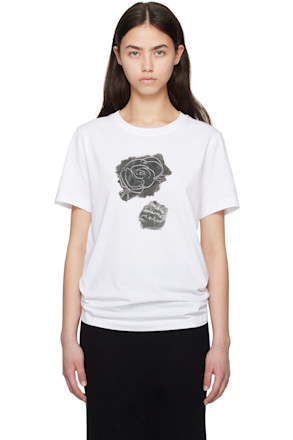 White Printed Brushed Rose Cotton Jersey T-shirt