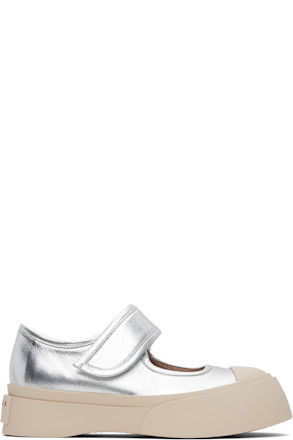 Silver Leather Mary Jane Ballerina Flats