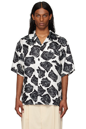 White & Black Cybele Print Silk Bowling Shirt