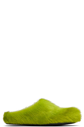 Green Long Hair Calfskin Fussbett Slip-on Loafers