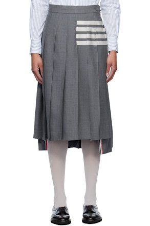 Gray Plain Weave 4-Bar Pleated Midi Skirt
