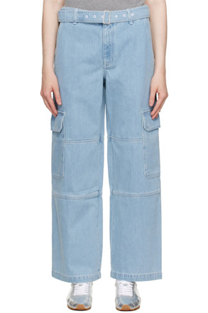 Blue Belted Utility Denim Cargo Pants