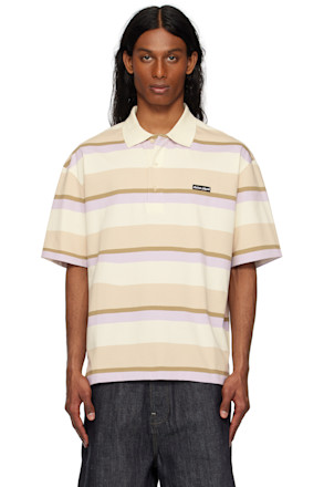 Beige & Off-White Striped SS Oversize Polo