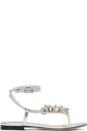 Silver Puffy Heart Mirror Leather Thong Sandals