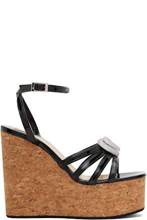 Black Double Heart Wedge Heeled Sandals
