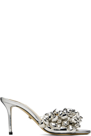 Silver Puffy Heart Mirror Leather Mules