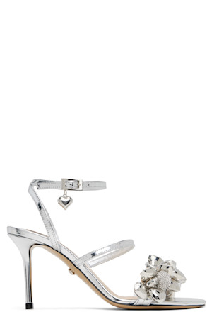 Silver Puffy Heart Mirror Leather Heeled Sandals