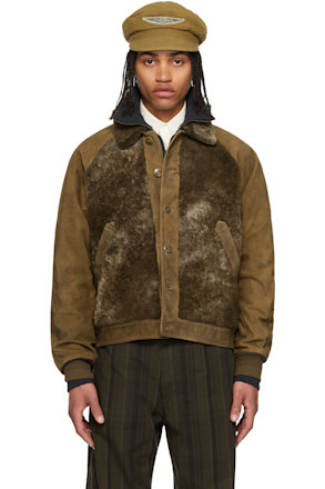 Brown Paneled Roughout Suede Shearling Jacket