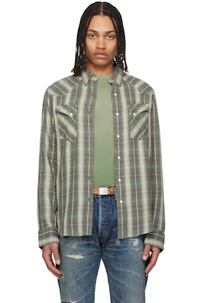 Green & Gray Slim Fit Plaid Twill Western Shirt