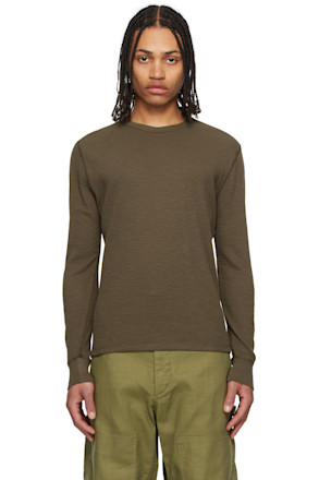 Khaki Garment-Dyed Waffle-Knit Crewneck Sweatshirt