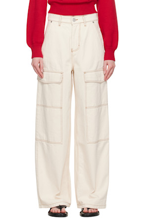 Beige Cotton Wide Fit Denim Cargo Pants