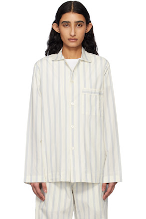 White & Blue Poplin Long-Sleeved Pyjama Shirt