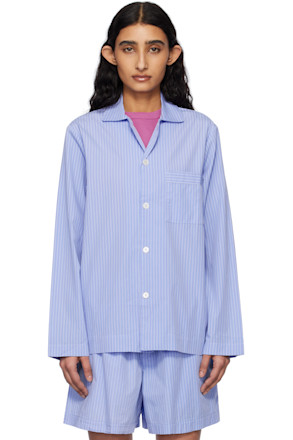 Blue & White Poplin Long-Sleeved Pyjama Shirt