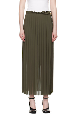 Khaki Pleated Midi Skirt