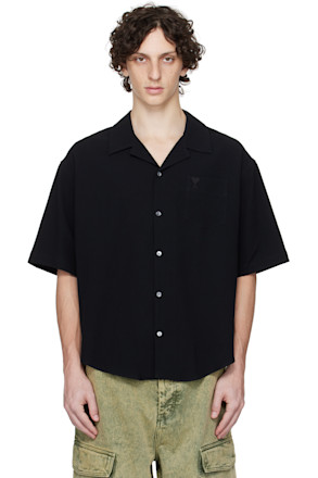 Black Cotton Camp Collar Shirt