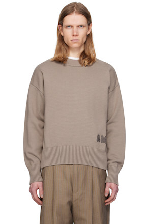 Taupe Cotton 'Ami' Embroidered Crewneck Sweater