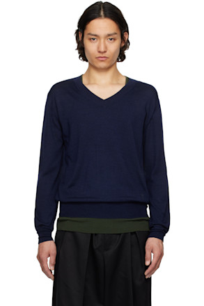 Navy Wool V Neck Sweater