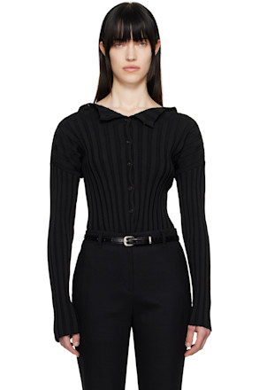 Black Ribbed Collarless Cardigan