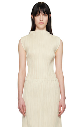 Beige Pleated Mock Neck Sleeveless Top