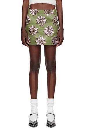 Khaki Daisy Scuba Satin Straight Miniskirt