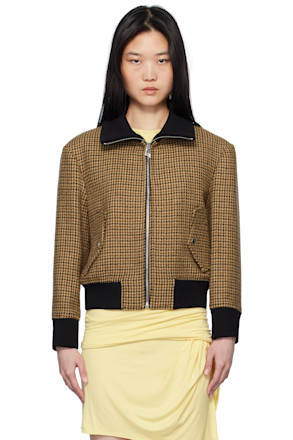 Beige & Brown Houndstooth Bomber Jacket