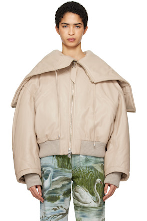 Biege Padded Leather Bomber Jacket