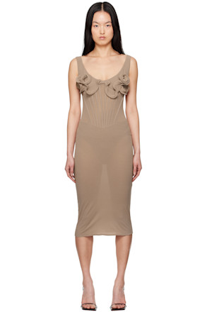 Beige Flower Bustier Midi Dress