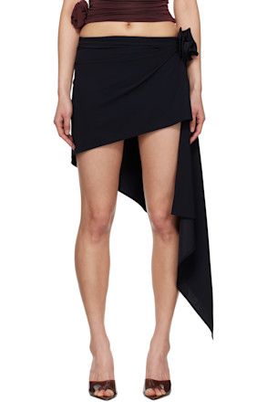 Black Asymmetrical Draped Swim Miniskirt