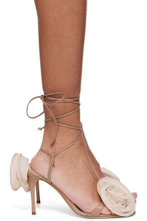 Beige Wrap Around Double Flower Heeled Sandals