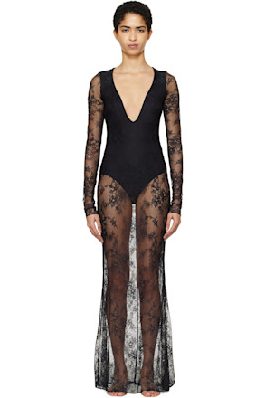 Black Ultra Fine Lace Plunge Long Maxi Dress