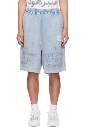 Blue Bleached Graffiti Print Sweat Shorts