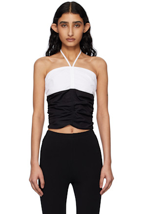Black & Off-White Shirring Halter Top