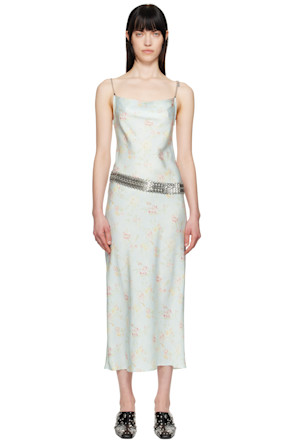 Blue Double Satin Printed Midi Dress