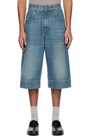 Blue Lasered Curved Logo Denim Shorts