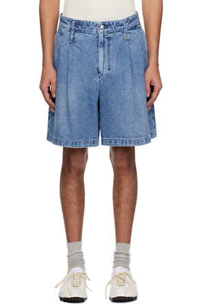 Blue One-Tuck Washed Corduroy Denim Shorts
