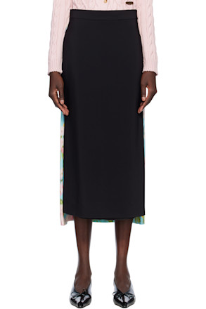 Blue & Black Crêpe & Satin Midi Skirt