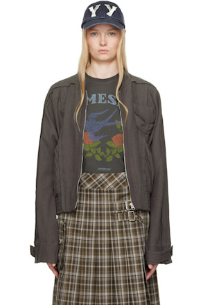 Gray Linen Paneled Bomber Jacket