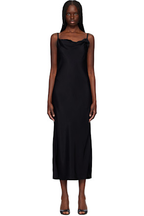 Black Drapery Neckline Slip Midi Dress