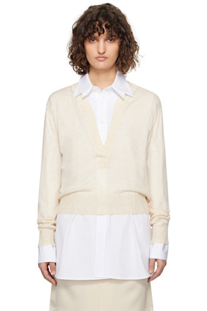 Off-White Deep Henley Neck Sheer Knit Sweater
