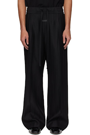 Black Pinstripe Drawstring Wide Leg Trousers
