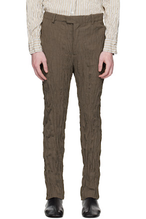 Brown Crushed Wool Slim Trousers