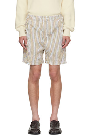 Beige & White Crushed Tech Cotton Stripe Shorts