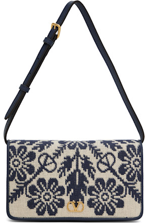 Beige & Navy VLogo Signature Jacquard Flowers Bag