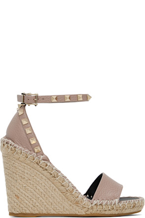 Pink Double Rockstud Grainy Calfskin Heeled Sandals
