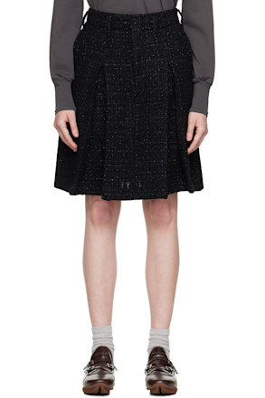 Black Tweed Pleats Midi Skirt