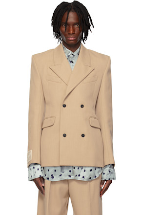 Beige Fitted Double Breasted Blazer