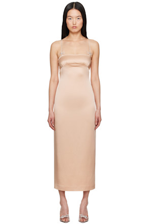 Pink Satin Rhinestone Midi Dress